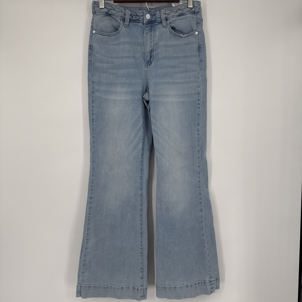 Judy Blue Jeans Womens 7/28 Wide Leg Braided Waist Denim Stretch Light Wash Boho